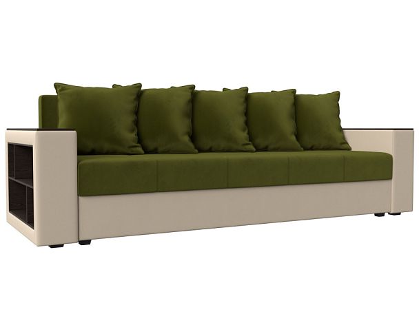Диван прямой Дубай Лайт полки слева (основа микровельвет зеленый, компаньон экокожа бежевая) - Вид 1