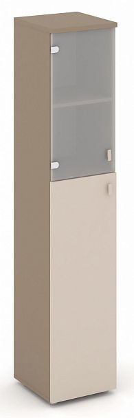 Шкаф высокий узкий (1 средний фасад ЛДСП + 1 низкий фасад стекло сатин матовый) "ESTETICA" ES.SU-1.7 Капучино/Сатин матовый - Вид 1