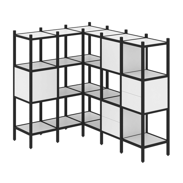 Loft Угловой внутренний стеллаж наборный VR.L-30 Белый бриллиант/Чёрный металл 1278*1278*1458 - Вид 1