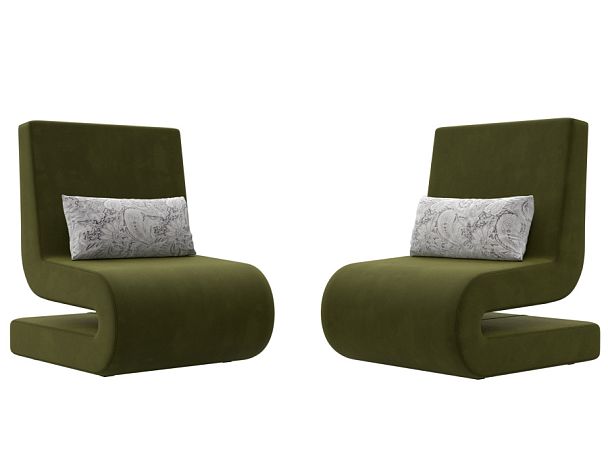 Кресло Волна (полностью микровельвет зеленый, подушки велюр серый с узором) - Вид 1