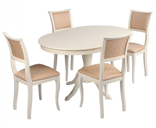 Обеденная группа стол Элат D90(130)х90х76 Слоновая кость и 4 стула Камир Слоновая кость/Бежевый жаккард - Вид 1