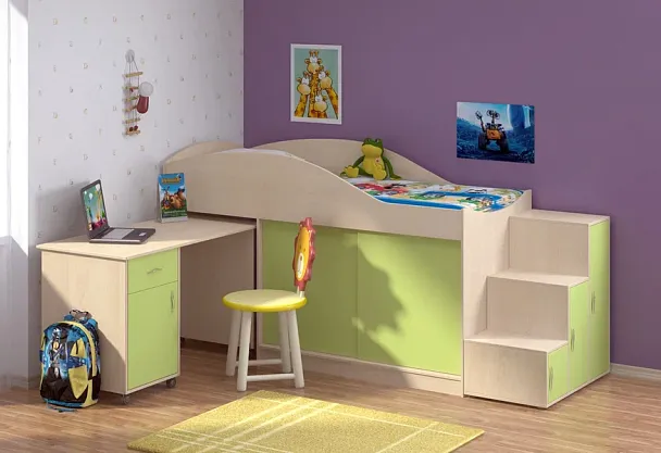 Кровать-чердак "Дюймовочка-3 без лестницы"  дуб/салатовый - Вид 1