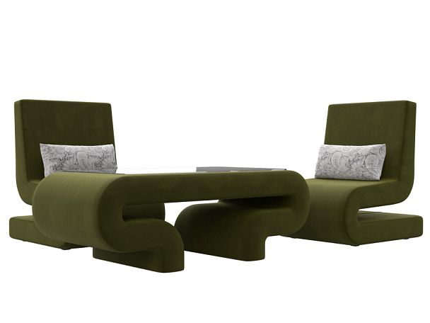 Волна набор 3 - стол, 2 кресла (полностью микровельвет зеленый) - Вид 1