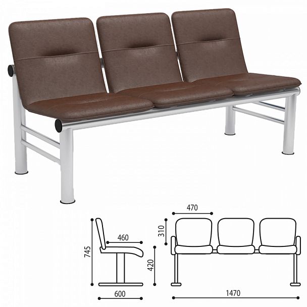 Кресло для посетителей трехсекционное "Троя", 745х1470х600 мм, светлый каркас, кожзам коричневый, СМ 105-03 К006 - Вид 1