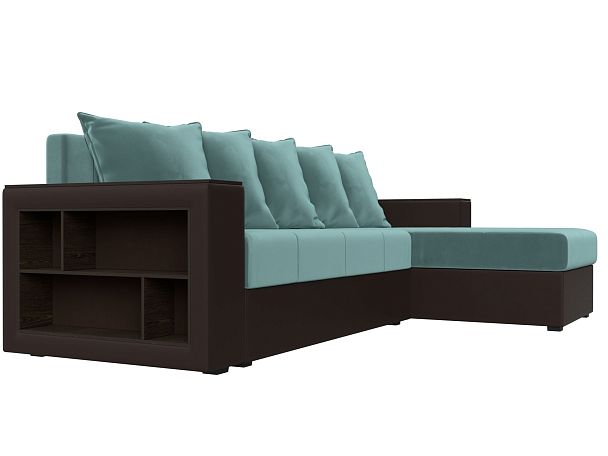 Диван угловой Дубай Лайт угол правый (основа велюр бирюзовый, компаньон экокожа коричневая) - Вид 3