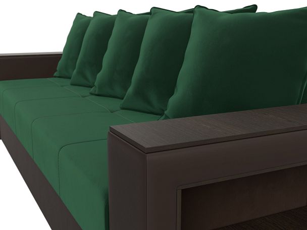 Диван прямой Дубай Лайт полки справа (основа велюр зеленый, компаньон экокожа коричневая) - Вид 4
