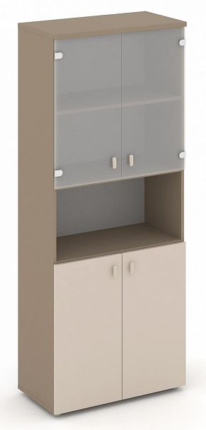 Шкаф высокий широкий (2 низких фасада ЛДСП + 2 низких фасада стекло сатин матовый) "ESTETICA" ES.ST-1.4 Капучино/Сатин матовый - Вид 1