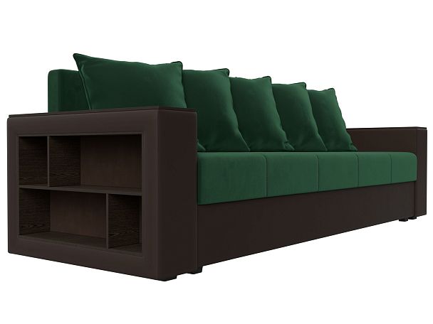 Диван прямой Дубай Лайт полки слева (основа велюр зеленый, компаньон экокожа коричневая) - Вид 3