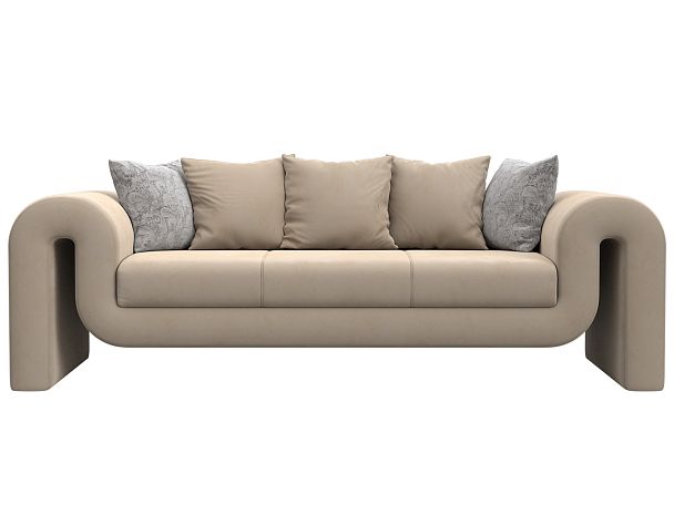 Прямой диван Волна (полностью велюр бежевый, подушки 3 велюр бежевый, 2 велюр серый с узором) - Вид 2