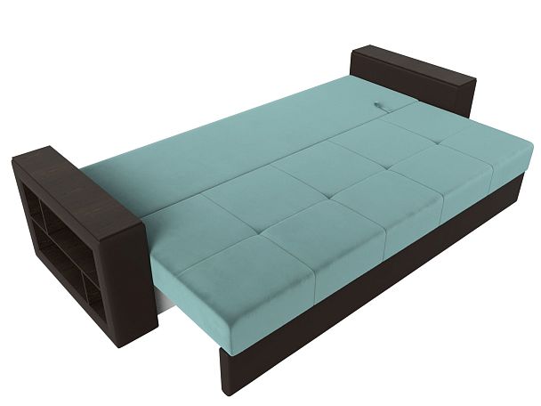 Диван прямой Дубай Лайт полки слева (основа Велюр Бирюзовый, компаньон экокожа коричневая) - Вид 8