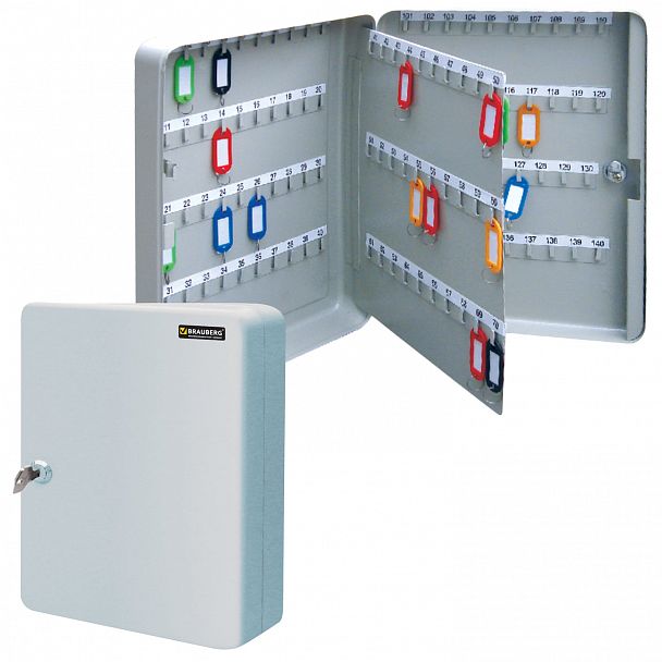 Шкафчик (Ключница) на 140 ключей BRAUBERG, 370х280х80 мм, с замком, +140 брелоков, серый, 290340 - Вид 2