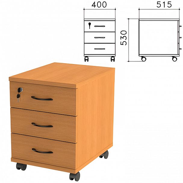 Тумба подкатная "Фея", 400х515х530 мм, 3 ящика, замок, цвет орех милан, ТФ07.5 - Вид 2