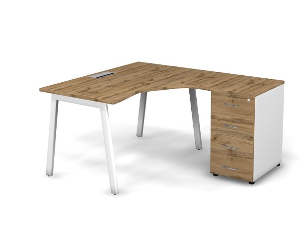 MATRIX 121S154-A Стол эгоном-й с тумбой R, пров-ик Merida (А-опоры) 1380х1580х775 Дуб Крафт/Белый - Вид 1