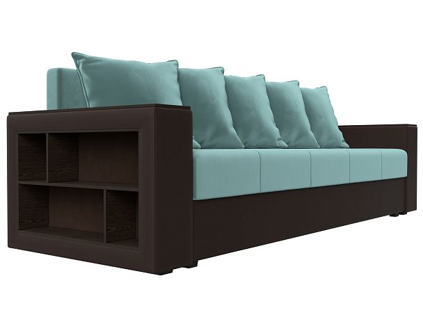 Диван прямой Дубай Лайт полки слева (основа Велюр Бирюзовый, компаньон экокожа коричневая) - Вид 3