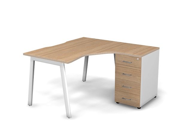 MATRIX 121S150-A Стол эгоном. с тумбой R, пров-ик вырезной (А-опоры) 1380х1380х775 Швейц-й вяз/Белый - Вид 1