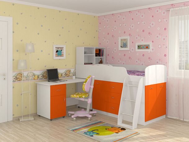 Кровать-чердак "Дюймовочка-1" белый/оранжевый - Вид 1