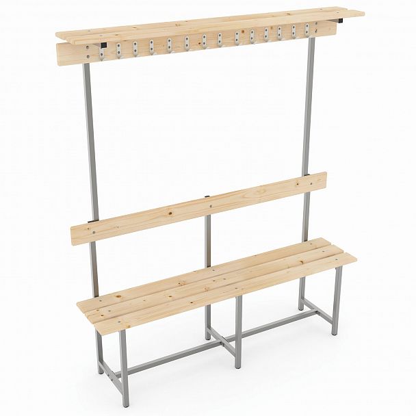Скамья с вешалкой, спинкой и полкой "СВТ 9", 1760х2000х395 мм, 14 крючков, каркас металлический серый, сиденье дерево - Вид 2