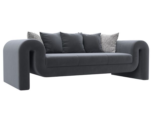Прямой диван Волна (полностью велюр серый, подушки 3 велюр серый, 2 велюр серый с узором) - Вид 1