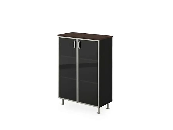 БЕРЛИН / BERLIN Стеллаж закрытый витрина стекло в раме 900х430х1290 Венге/Черный - Вид 1