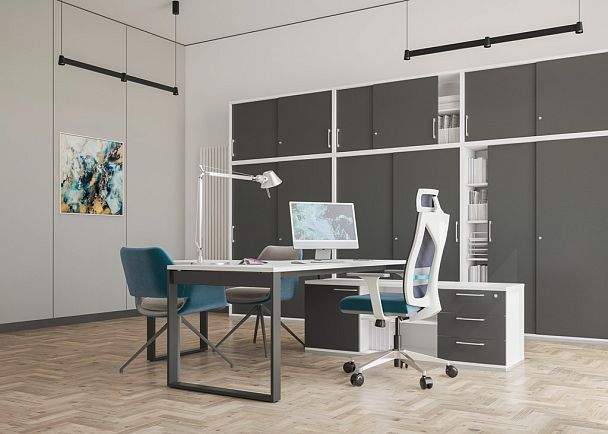 Рабочая станция Allegro 1400х1438х750  / профиль О-образный: 70х20 антрацит; столешница с вырезом: белый - Вид 13