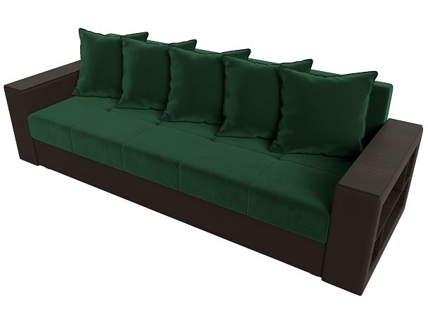 Диван прямой Дубай Лайт полки справа (основа велюр зеленый, компаньон экокожа коричневая) - Вид 5