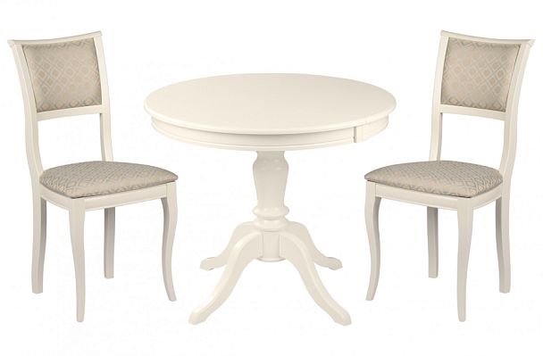 Обеденная группа стол Элат D90(130)х90х76 Слоновая кость и 2 стула Камир Слоновая кость/Бирюзовый жаккард - Вид 1