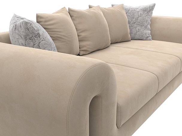 Прямой диван Волна (полностью велюр бежевый, подушки 3 велюр бежевый, 2 велюр серый с узором) - Вид 4