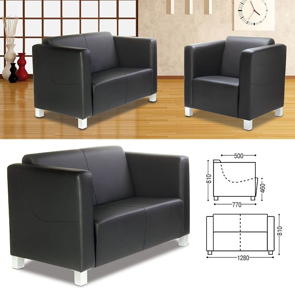 Диван мягкий двухместный "Милано", 810х1280х770 мм, c подлокотниками, экокожа, черный - Вид 2