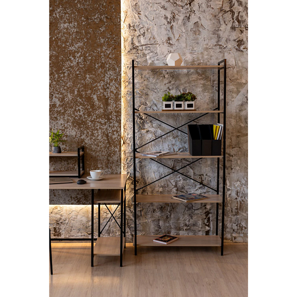 Стеллаж BRABIX "SMART SH-004", 790х360х1950 мм, ЛОФТ, 5 полок, металл/ЛДСП бунратти, каркас черный, 641944 - Вид 4