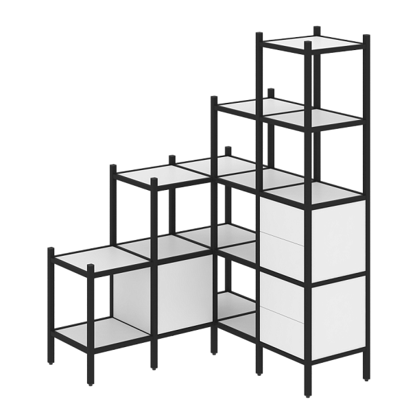 Loft Угловой внутренний стеллаж наборный VR.L-40 Белый бриллиант/Чёрный металл 1278*1278*1869 - Вид 1
