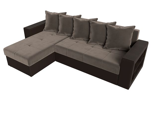 Диван угловой Дубай Лайт угол левый (основа велюр коричневый, компаньон экокожа коричневая) - Вид 5