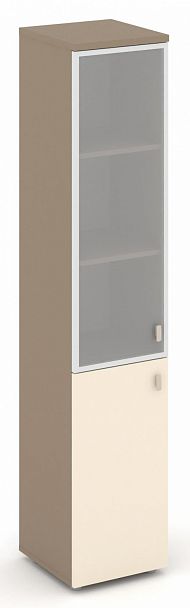 Шкаф высокий узкий (1 низкий фасад ЛДСП + 1 средний фасад стекло Лакобель IVORY / UMBRA в раме) "ESTETICA" ES.SU-1.2R Сатин - Вид 1