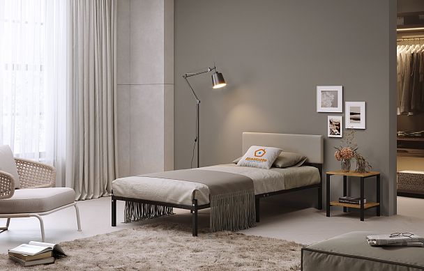 Кровать  металлическая Лофт КОМПАКТ с мягкой спинкой 1200*2000, цвет кровати черный, мягкая спинка светлая - Вид 4