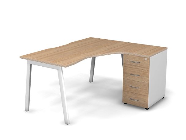 MATRIX 121S151-A Стол эгоном. с тумбой R, пров-ик вырезной (А-опоры) 1580х1380х775 Швейц-й вяз/Белый - Вид 1