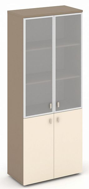 Шкаф высокий широкий (2 низких фасада ЛДСП + 2 средних фасада стекло Лакобель IVORY / UMBRAв раме) "ESTETICA" ES.ST-1.2R Сатин - Вид 1