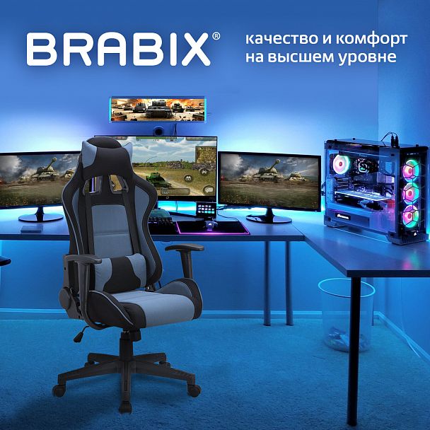 Кресло компьютерное BRABIX "GT Racer GM-100", две подушки, ткань, черное/голубое, 531818 - Вид 3