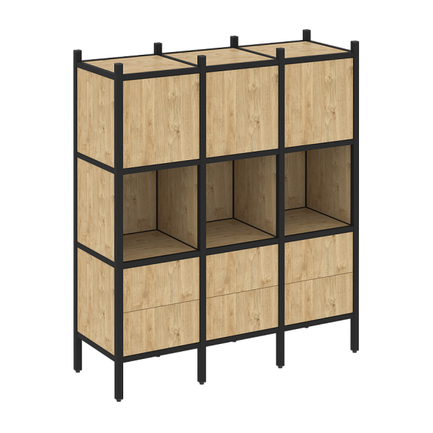 Loft Прямой стеллаж наборный VR.L-08 Тиквуд светлый/Чёрный металл 1278*446*1458 - Вид 1