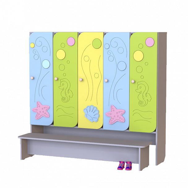 Шкаф детский 5-секционный со скамьей МДФ Морская волна ШФН-006 - Вид 1