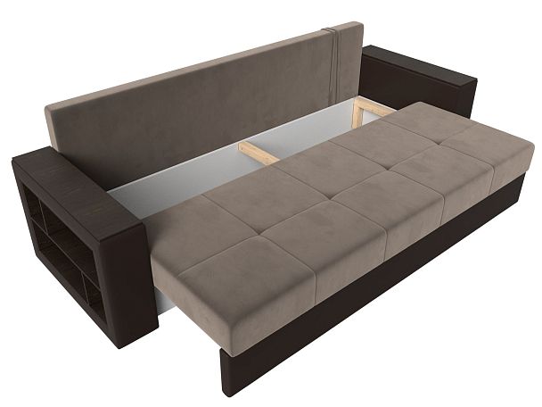 Диван прямой Дубай Лайт полки слева (основа велюр коричневый, компаньон экокожа коричневая) - Вид 7