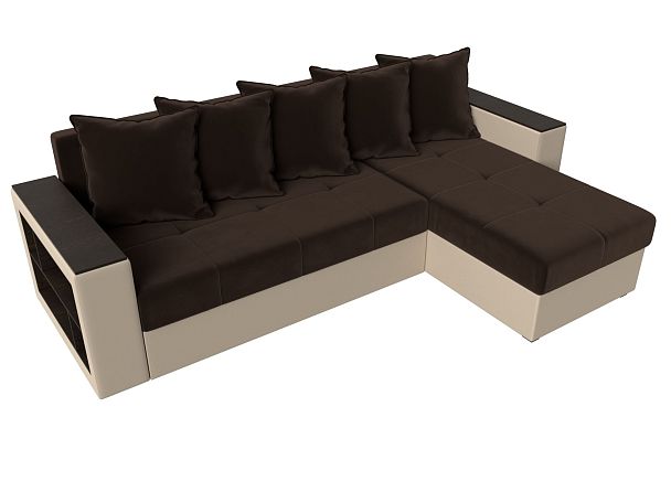 Диван угловой Дубай Лайт угол правый (основа микровельвет коричневый, компаньон экокожа бежевая) - Вид 5