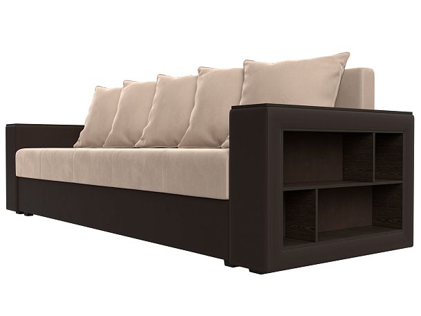 Диван прямой Дубай Лайт полки справа (основа велюр бежевый, компаньон экокожа коричневая) - Вид 3