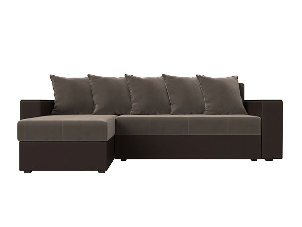 Диван угловой Дубай Лайт угол левый (основа велюр коричневый, компаньон экокожа коричневая) - Вид 2