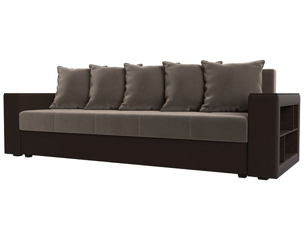 Диван прямой Дубай Лайт полки справа (основа велюр коричневый, компаньон экокожа коричневая) - Вид 1