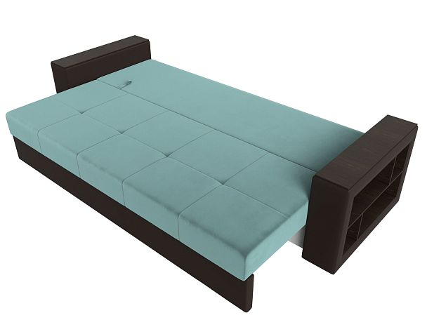 Диван прямой Дубай Лайт полки справа (основа Велюр Бирюзовый, компаньон экокожа коричневая) - Вид 8