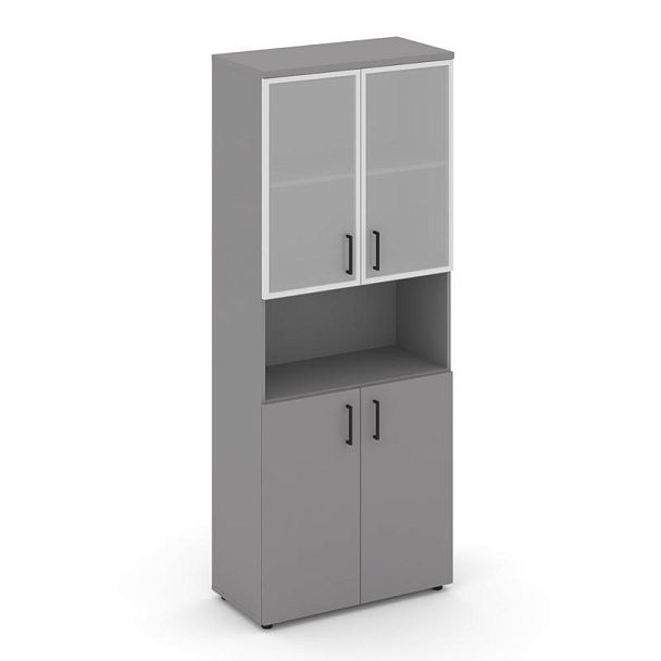 Стайл Проджект Шкаф высокий широкий (2 низких фасада ЛДСП + 2 низких фасада стекло сатин в раме) SN. - Вид 1