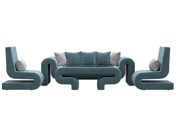 Волна набор 2 - диван, стол, 2 кресла (полностью велюр бирюзовый) - Вид 2
