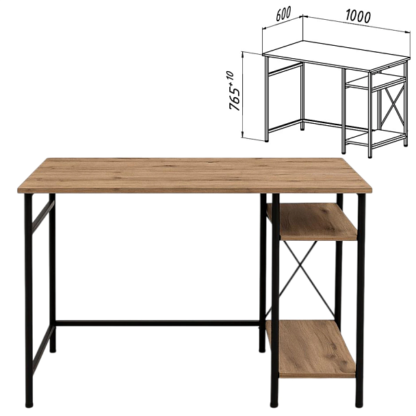 Стол BRABIX "SMART CD-018", 1100х600х765 мм, ЛОФТ, 2 полки, металл/ЛДСП бунратти, каркас черный, 641946 - Вид 3