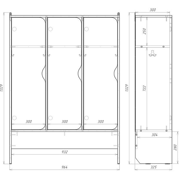 Шкаф 3-секционный с нишей под скамью - Вид 4