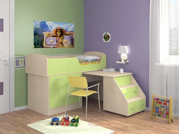 Кровать-чердак "Дюймовочка-2" дуб/салатовый - Вид 1