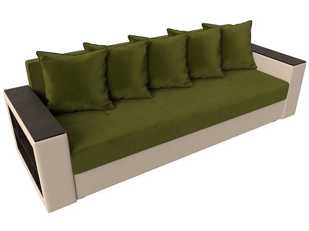 Диван прямой Дубай Лайт полки слева (основа микровельвет зеленый, компаньон экокожа бежевая) - Вид 5